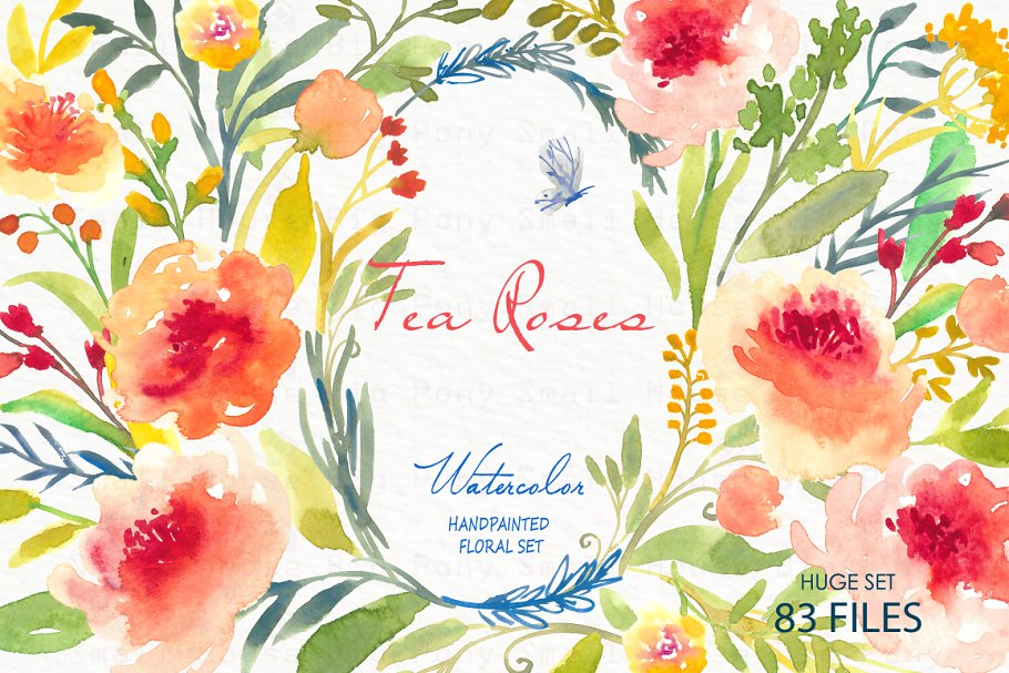 水彩手绘玫瑰花剪贴画合集 Tea Roses-Watercolor Clip Art插图