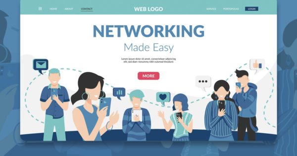 网站着陆页设计互联网社交手绘插画模板 Networking Modern Landing Page Hero