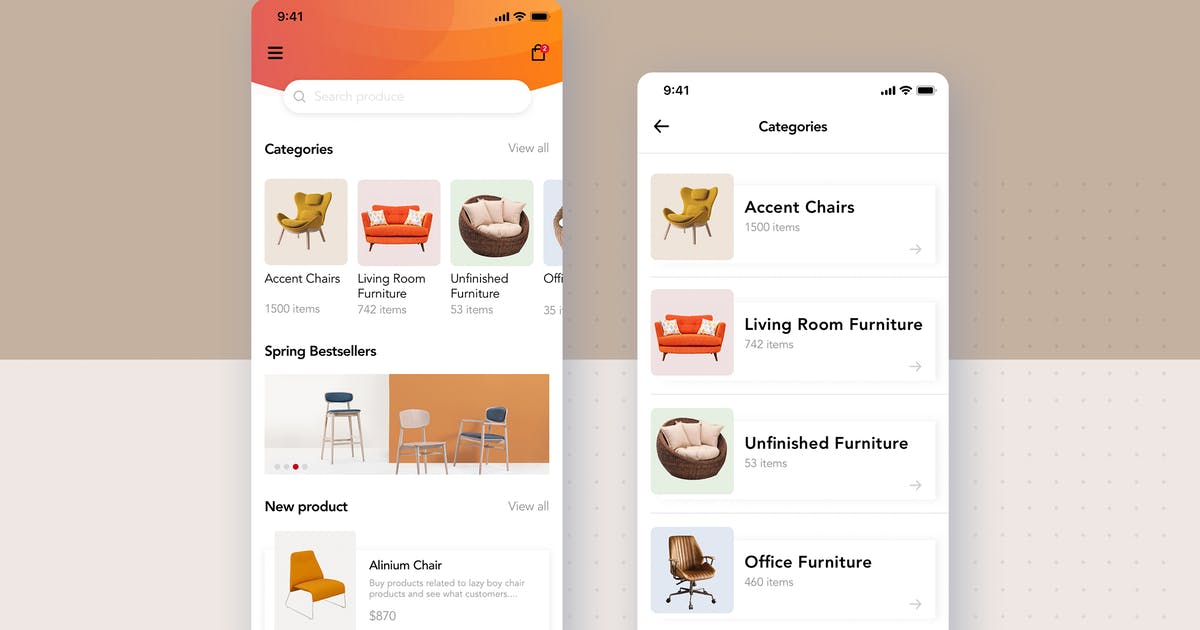 网上商城APP应用目录列表界面设计SKETCH模板 Furniture App category listing插图