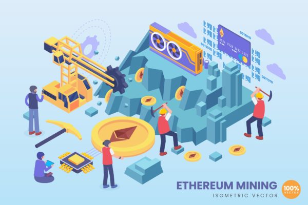 以太坊加密货币挖掘主题等距素材库精选概念插画 Isometric Ethereum Mining Vector Concept