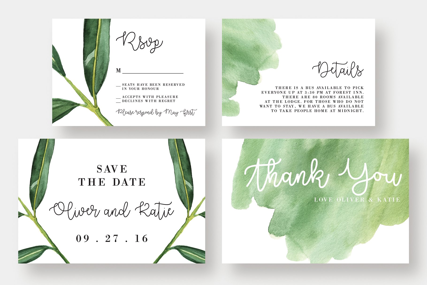 水彩叶子花边婚礼邀请函模板套装 Watercolor Leaf Wedding Suite插图(2)