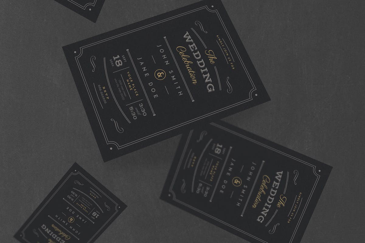 复古黑色婚礼邀请函PSD模板 Vintage Black Wedding Invitation插图