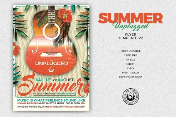 夏季电吉他独奏音乐表演宣传PSD模板V2 Summer Unplugged Flyer PSD V2
