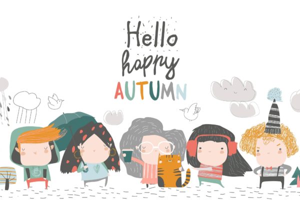 秋天可爱卡通人物形象素材库精选手绘插画矢量素材 Cute children meeting autumn wearing warm clothes.