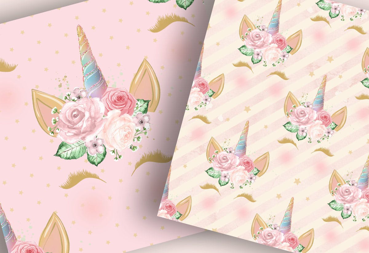 独角兽花卉图案数码纸张背景素材 Unicorn Faces Floral digital paper pack插图(1)