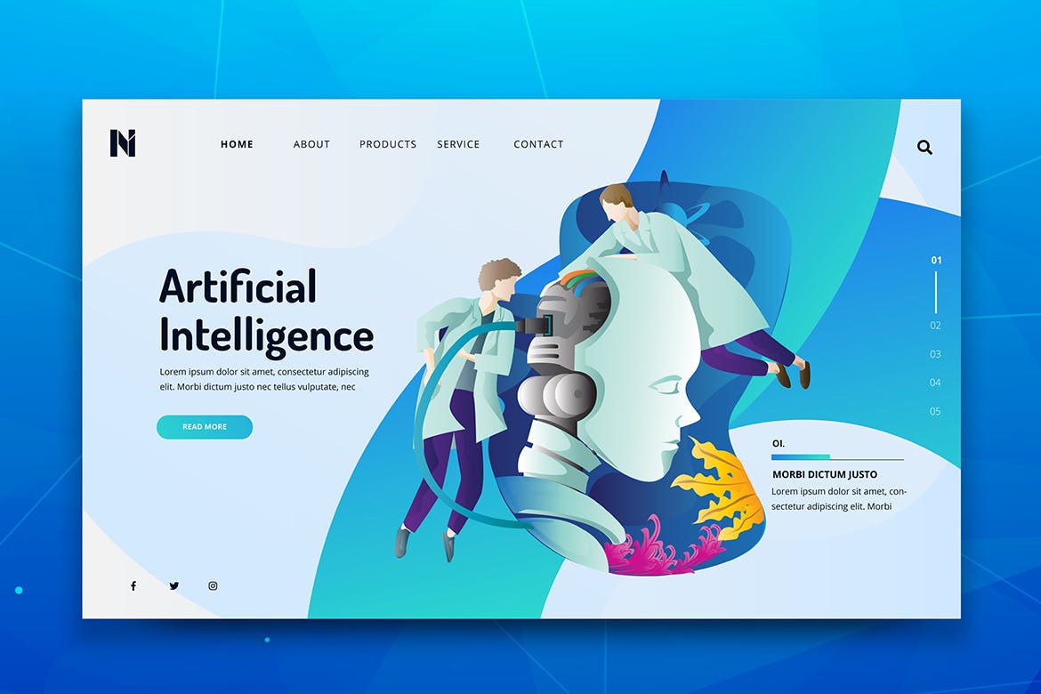 AI人工智能概念插画网站着陆页设计模板 Artificial Intelligence Web PSD and AI Template插图(1)