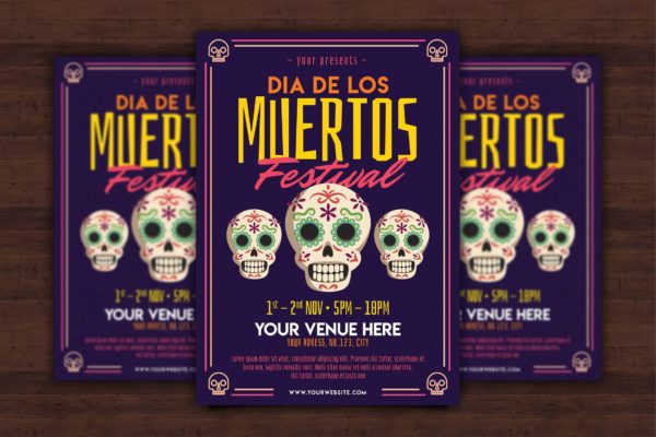 墨西哥亡灵节庆祝活动海报传单素材库精选PSD模板 Dia de los Muertos Flyer
