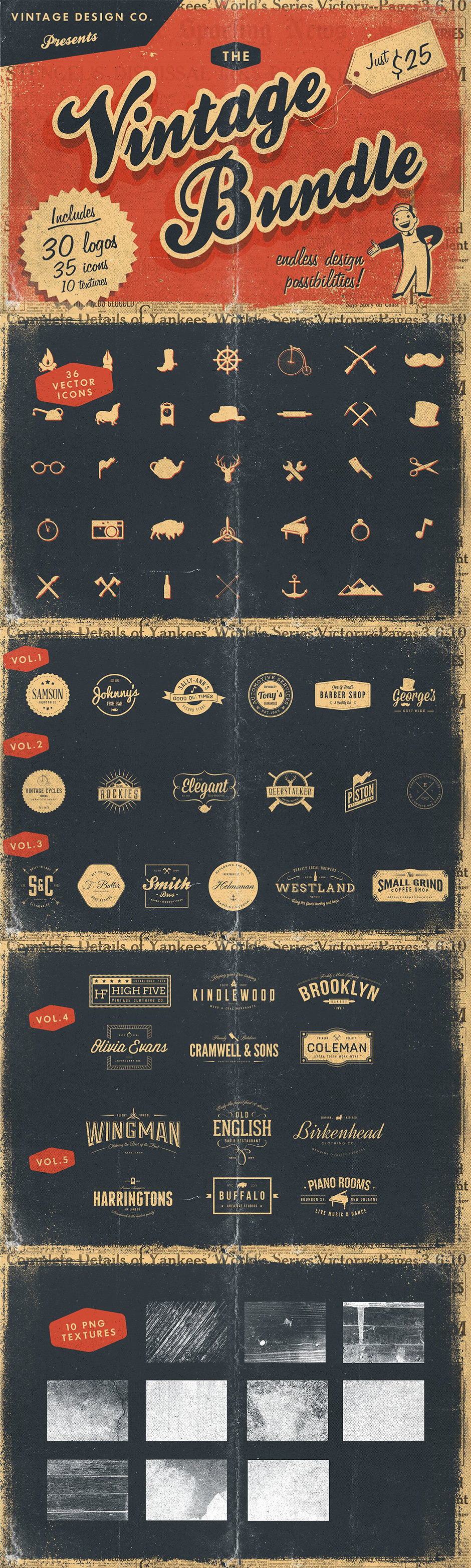 高品质复古风格设计套装 [logo模板 + 图标 + 纹理]插图