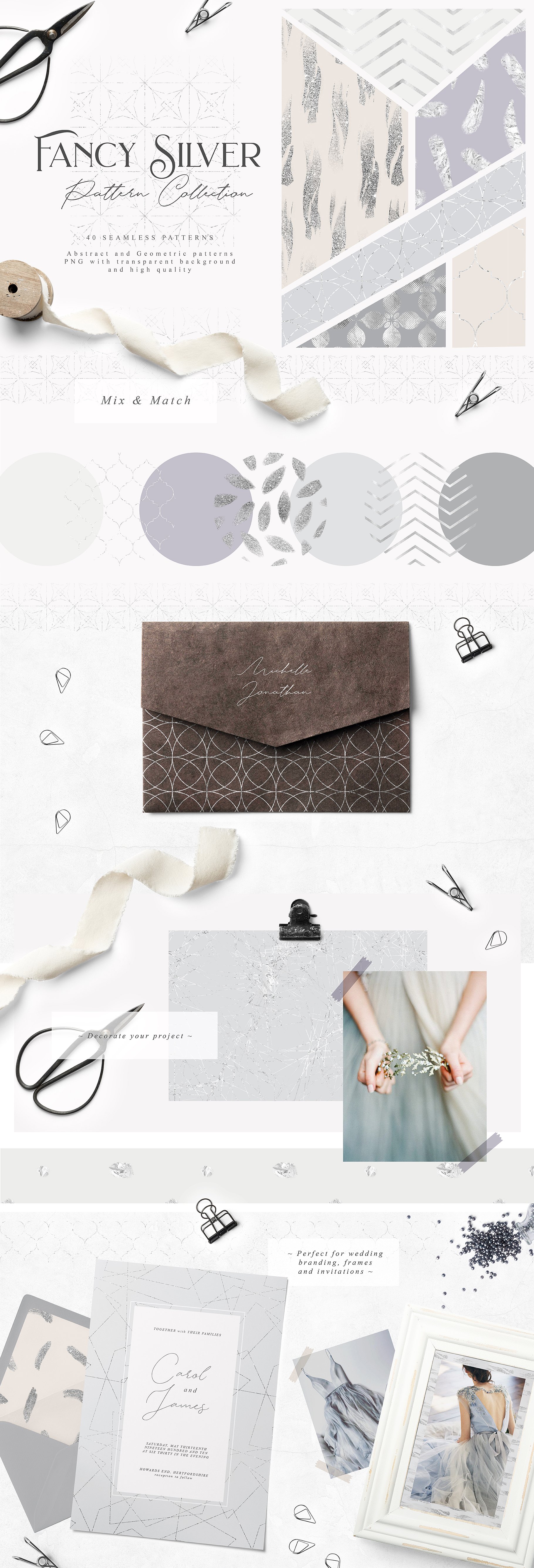 梦幻银色几何图案和抽象线条图案纹理 Fancy Silver Patterns插图