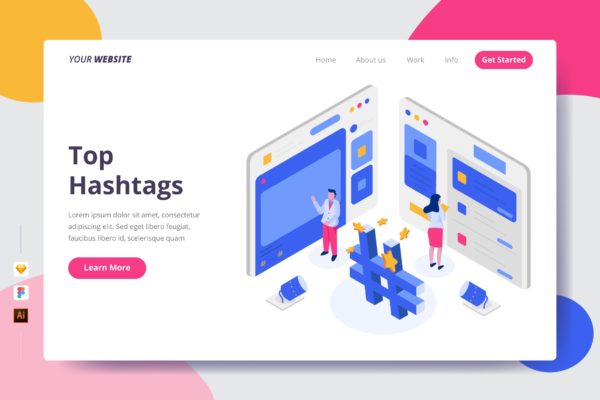 Top标签矢量插画网站着陆页设计素材库精选模板 Top Hashtags – Landing Page