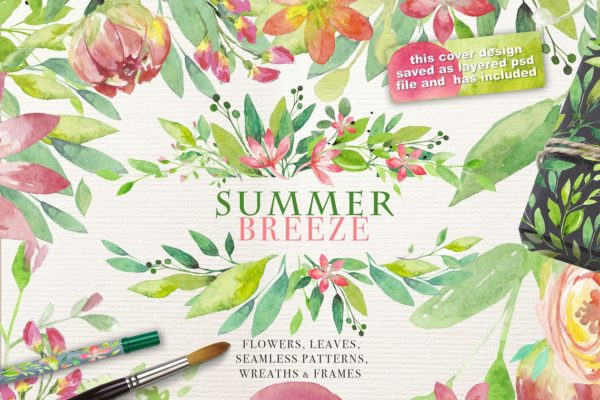 夏日主题花卉、绿叶水彩对象、纹理&amp;花卉花框素材合集[2.46GB] SUMMER BREEZE. vol.2