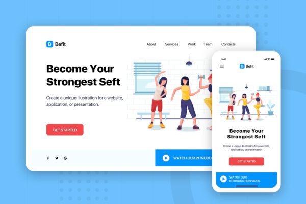 健身运动主题网站Banner＆着陆页设计插画素材 Befit – Banner &amp; Landing Page