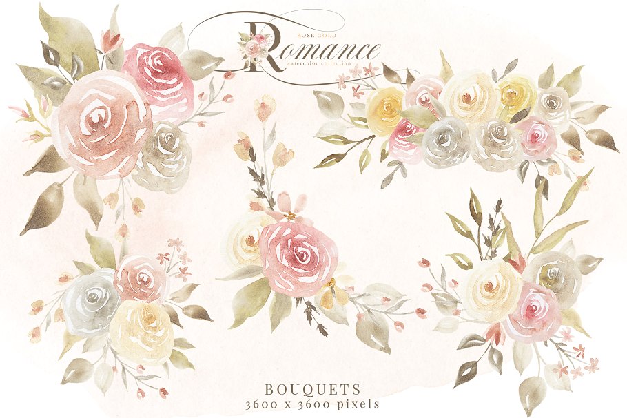 玫瑰金浪漫水彩花卉剪贴画 Rose Gold Romance Watercolor Flowers插图(2)