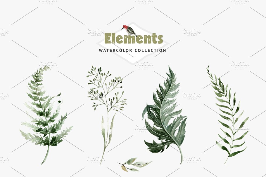 森林的气息水彩剪贴画元素 Watercolor Forest Scent插图(1)