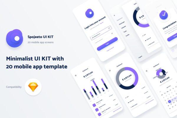 极简主义设计风格APP应用UI设计素材库精选套件v1 Spojeeto Mobile App UI Kit