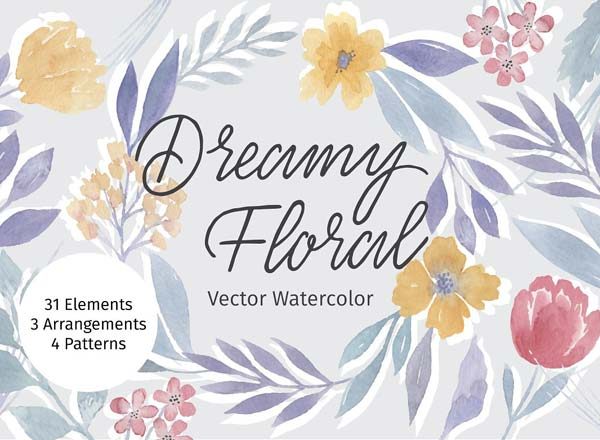 美丽的水彩感觉的花卉矢量图形包下载[AI]