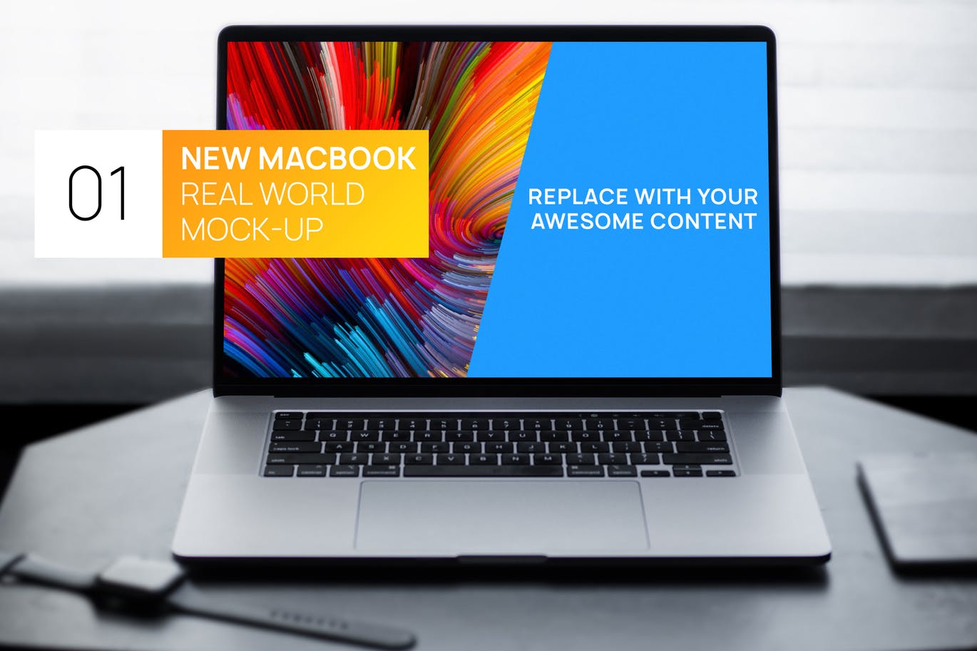 简约风格灰黑场景MacBook电脑屏幕演示素材库精选样机 New MacBook Touchbar Dark Photo Real World Mock-up插图