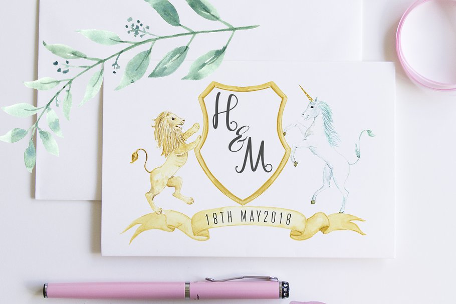 水彩皇家婚礼徽章剪贴画 Watercolor Royal Crest Template插图(4)