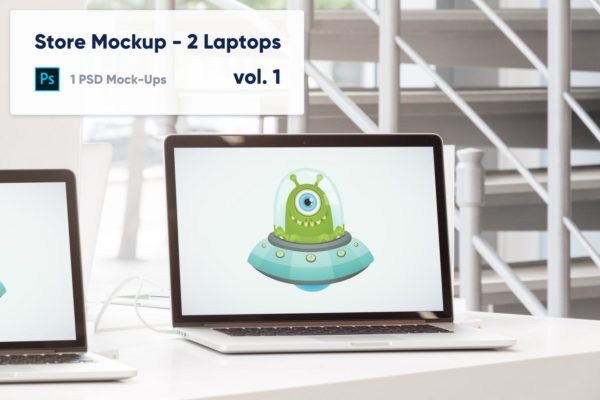 零售店场景笔记本电脑屏幕预览素材库精选样机模板v1 Laptops Mockup in the Store – Vol. 1