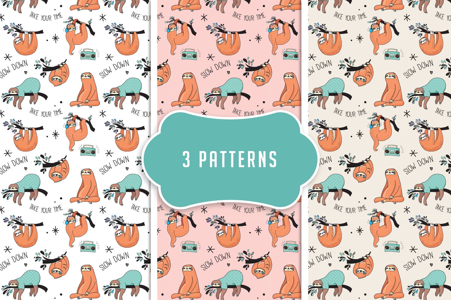 可爱的树懒图标、卡片、图案 Cute sloths icons, cards, patterns插图(4)