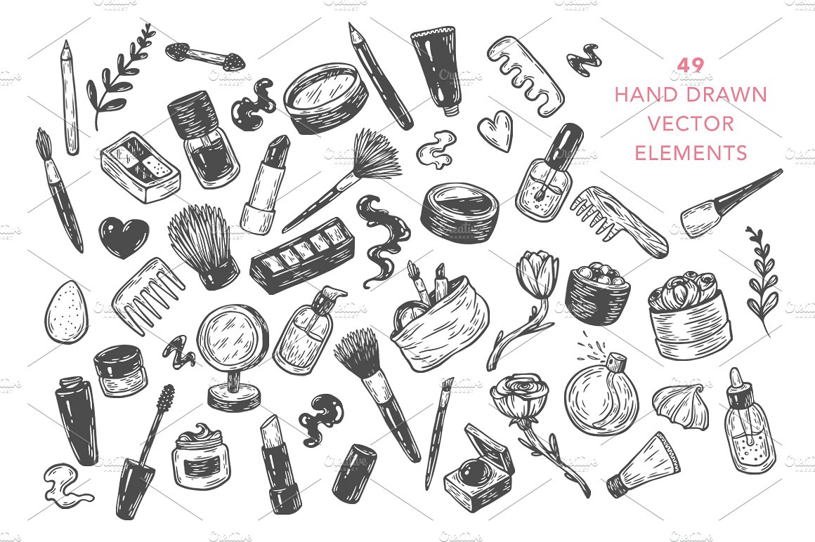 手绘化妆工具矢量图形素材 Cosmetics and makeup. Illustrations.插图(1)