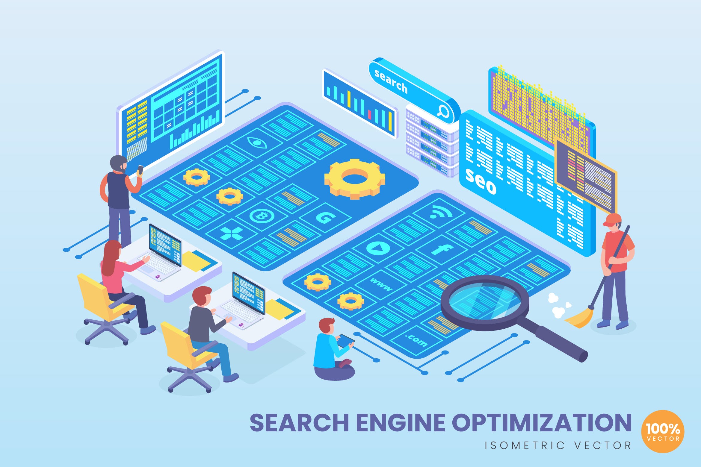 SEO搜索引擎优化技术等距矢量科技素材库精选概念插画v2 Isometric Search Engine SEO Vector Concept插图
