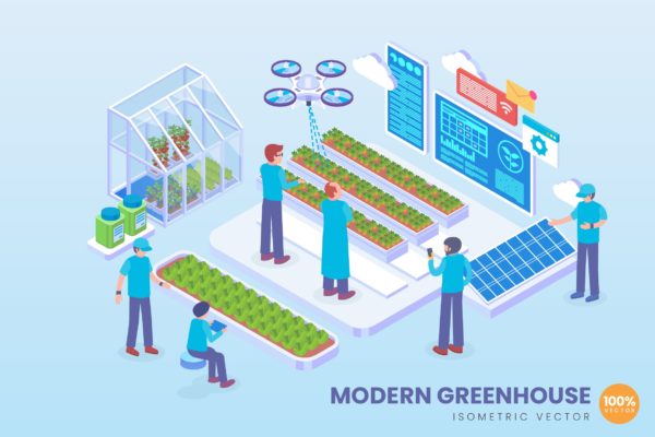 现代温室科技技术主题等距矢量素材库精选概念插画素材 Isometric Modern Greenhouse Technology Vector