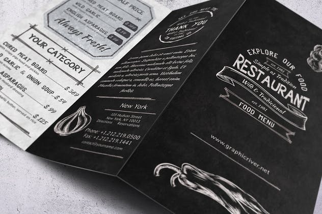 粉笔画素描风格三折页西式快餐设计模板 Sketch Trifold Food Menu A4 and US Letter插图(4)