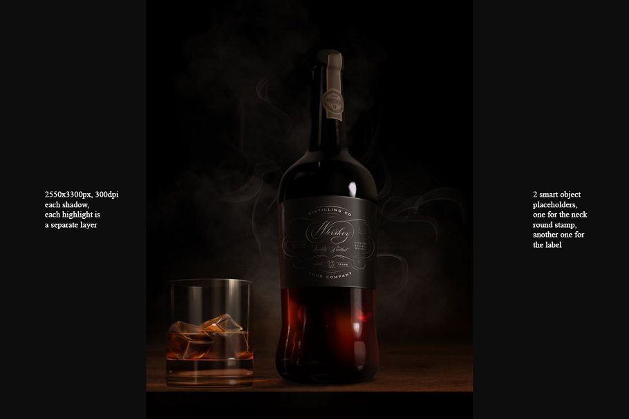 威士忌玻璃酒瓶标签展示模板 Whiskey mock-up, wide dark label插图(1)