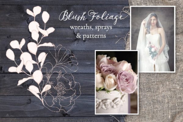 腮红色水彩手绘叶子图案剪贴画PNG素材 Blush Foliage Clip Art Bundle