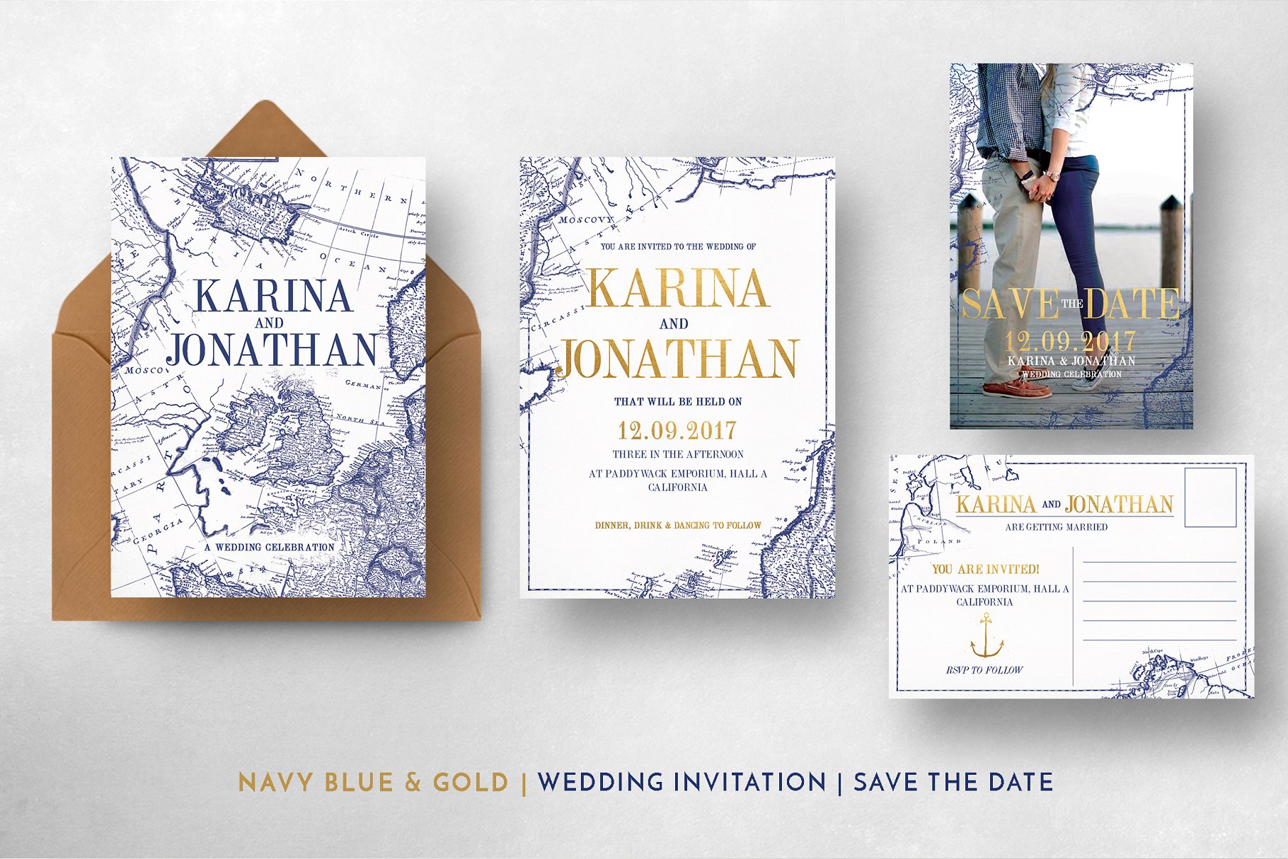 复古地图背景婚礼物料设计模板 Vintage Map Wedding Suite插图(4)