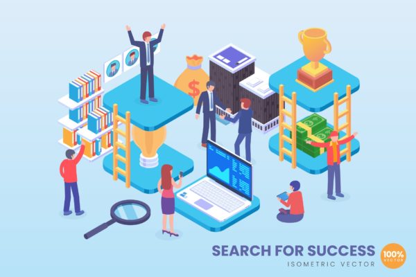 寻求成功主题等距矢量素材库精选概念插画素材 Isometric Search For Success Achievement Vector