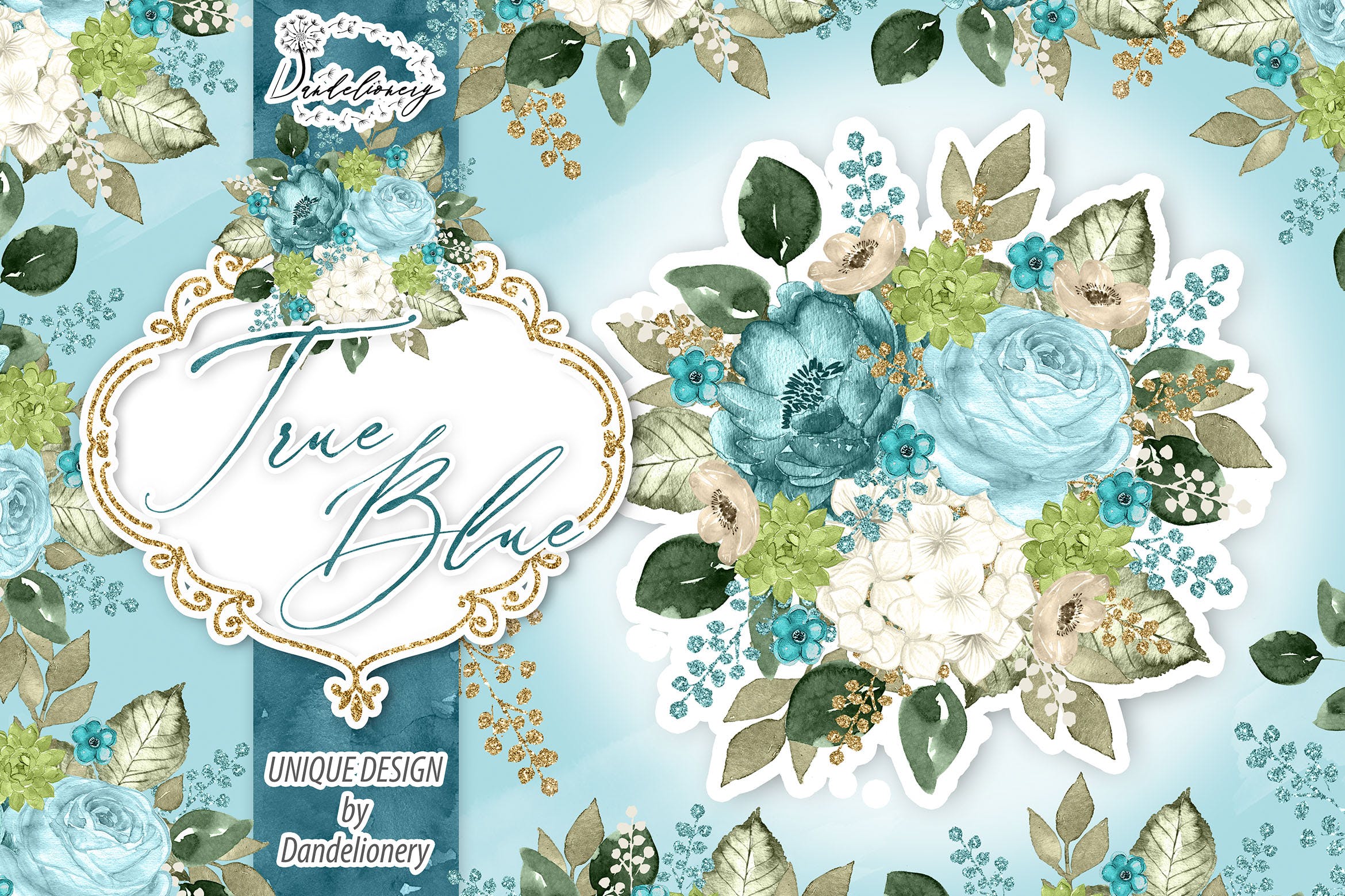 逼真蓝色水彩花卉手绘剪贴画PNG素材 Watercolor True Blue design插图