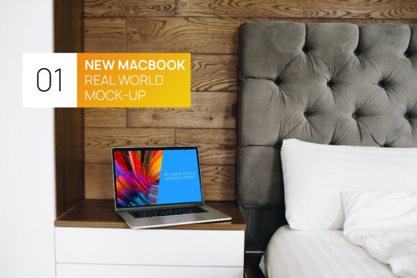 卧室场景MacBook Pro笔记本电脑屏幕演示素材库精选样机 Interior MacBook Pro Touchbar Real World Mock-up