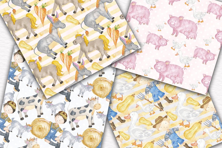 手绘水彩农场卡通小孩无缝插图 Farm Animals & Kids Collection插图(3)