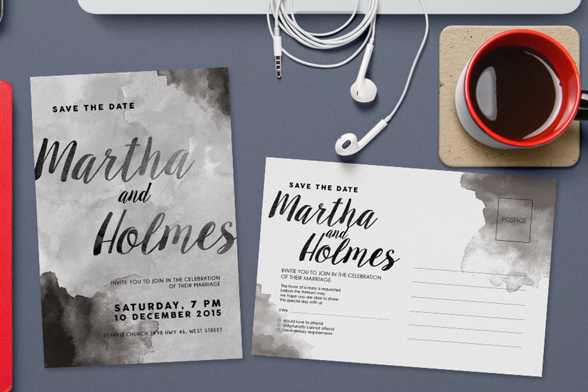 黑白水彩风格婚礼邀请函模板 Black & White Watercolor Invitation插图