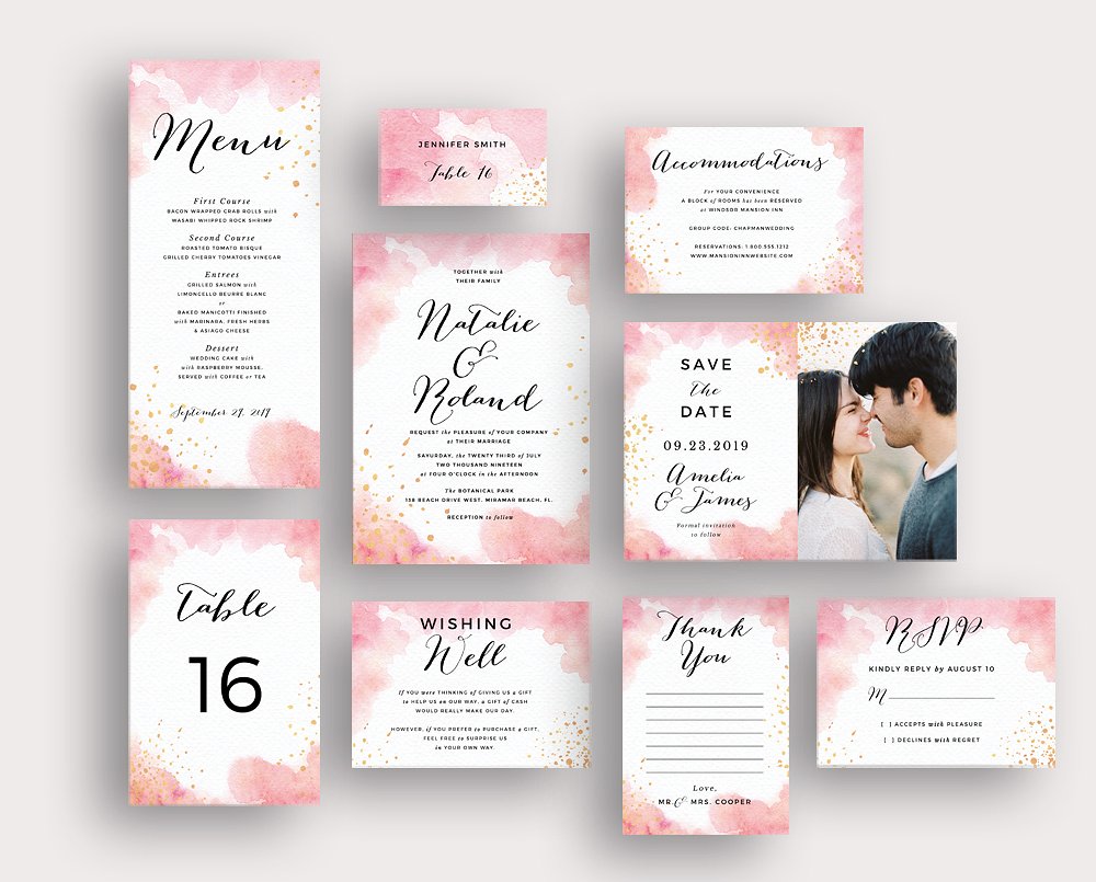 桃红色水彩婚礼邀请物料设计套装 Peach Watercolor Gold Splashes插图