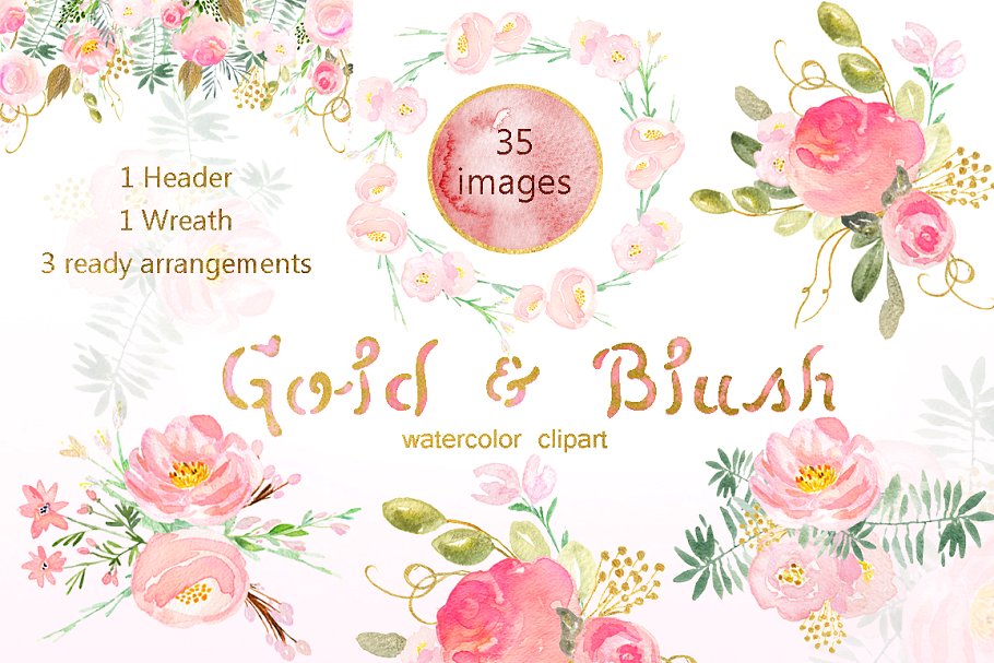 水彩浅粉腮红金色花卉剪贴画合集 Gold and blush watercolor flowers插图(2)