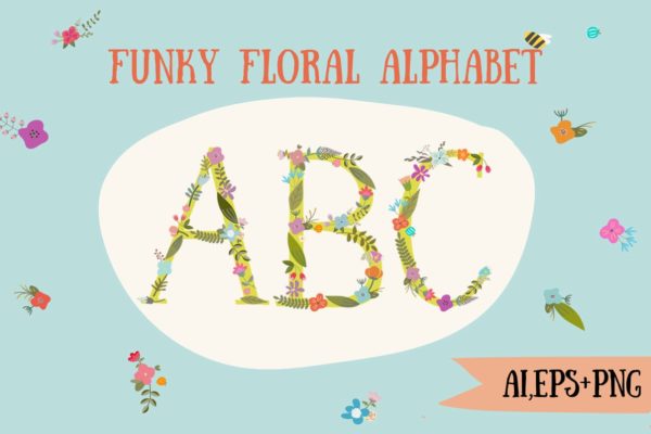 时尚的手绘花卉字母装饰图 Funky floral alphabet