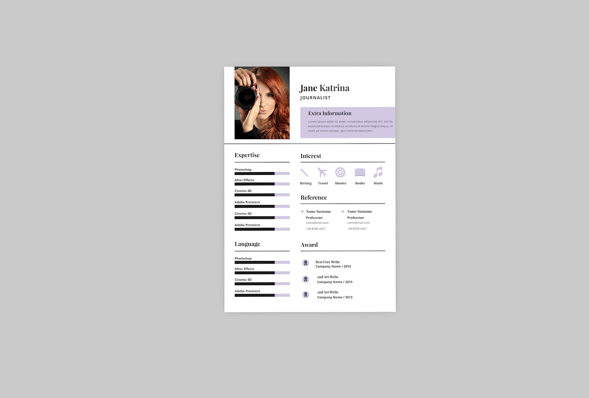 旅行记者个人电子素材库精选简历模板 Jane Journalist Resume Designer插图(3)