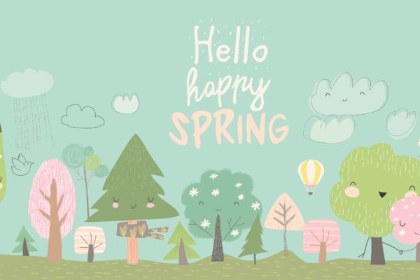 卡通风格森林简约手绘矢量图案素材 Cute spring trees. Cartoon spring tree on blue bac