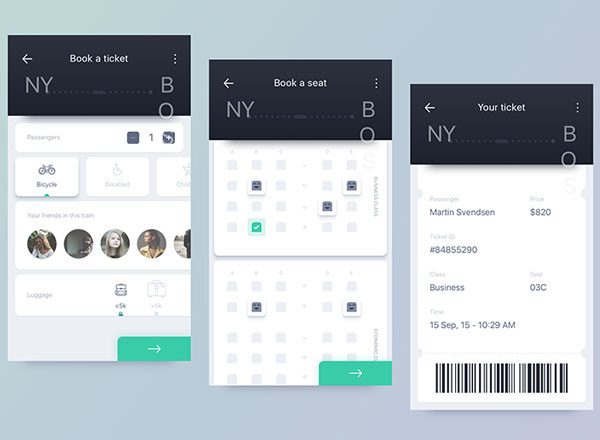 简约机票预定 APP 界面模板 ChooChoo App (.sketch)