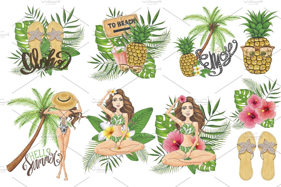 夏日时光手绘插画设计元素合集 Summer Time Collection插图