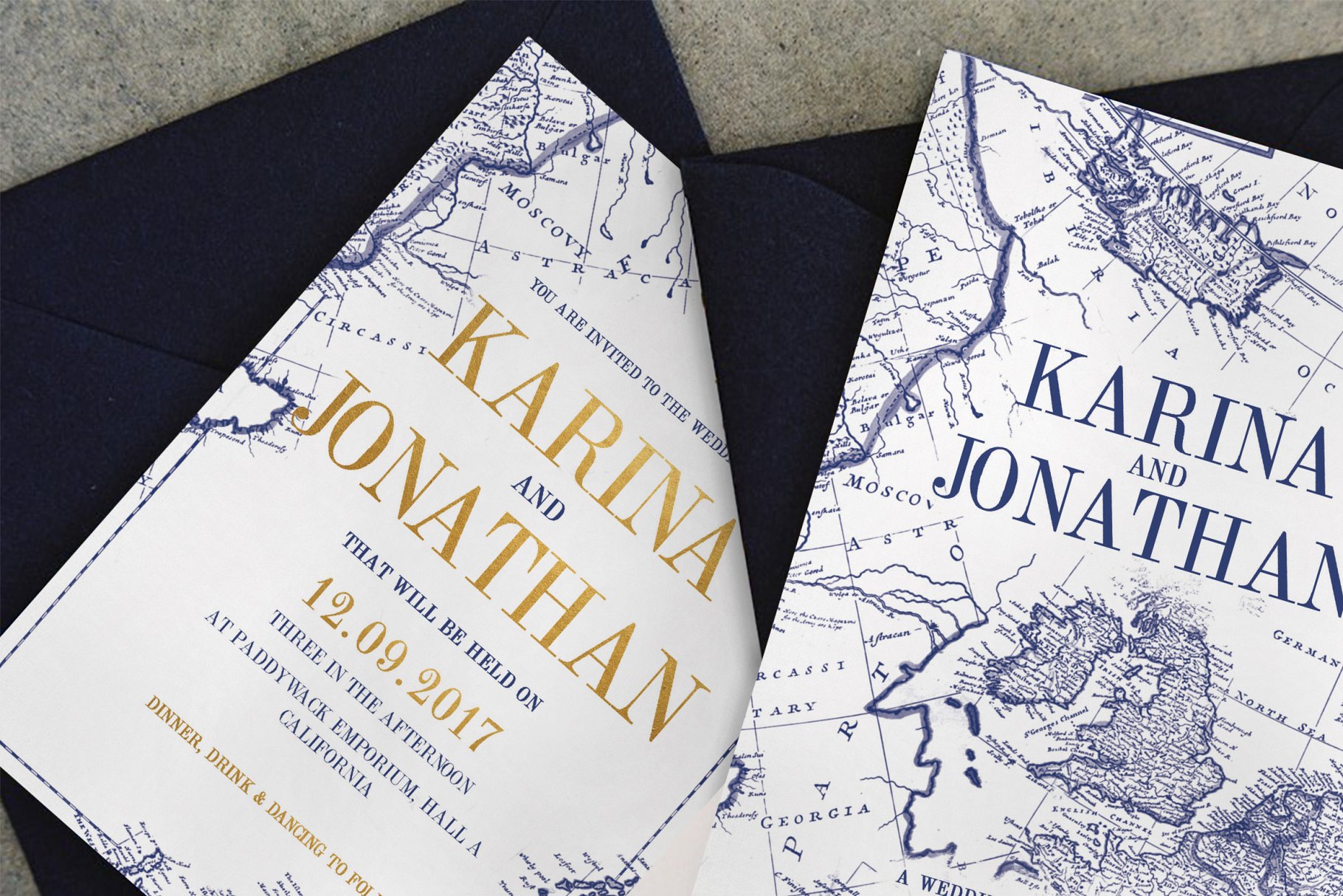 复古地图背景婚礼物料设计模板 Vintage Map Wedding Suite插图