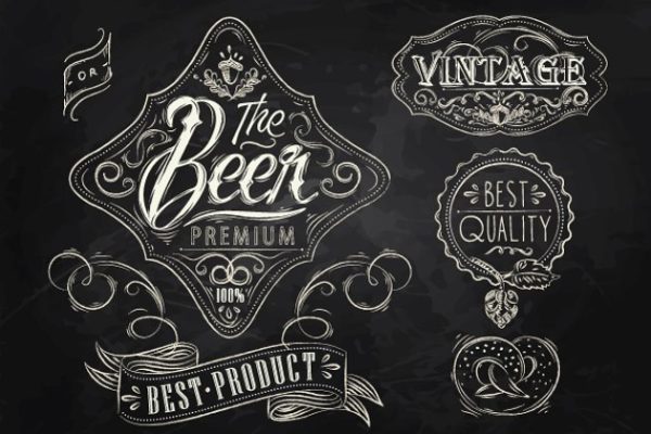 粉笔手绘陈酿啤酒插画元素 Vintage Beer Elements