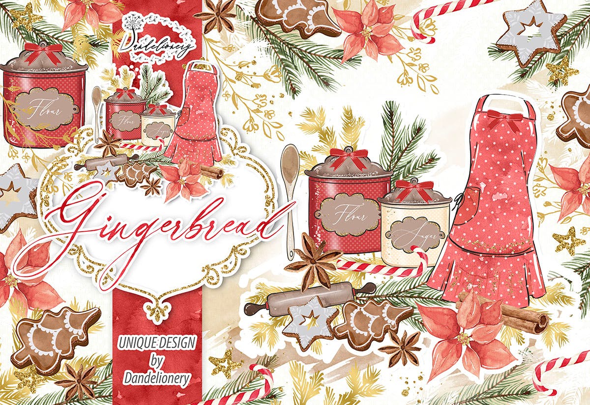 圣诞节节日主题水彩手绘剪贴画PNG素材 Christmas Gingerbread design插图(1)