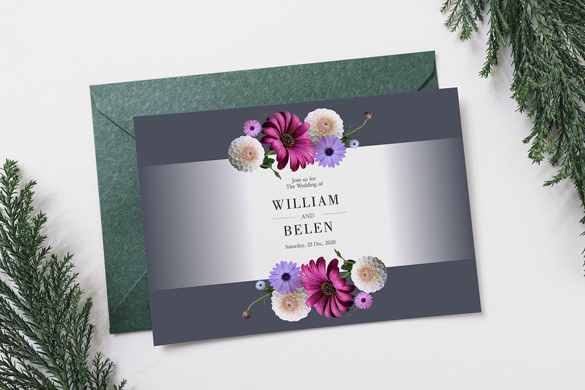 鲜花婚礼婚宴邀请函卡片模板 Floral Wedding Invitation Card插图