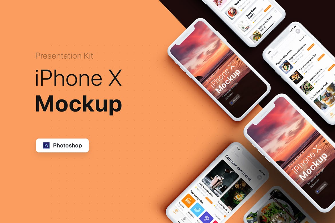 APP界面设计截图预览iPhone X手机样机模板v3 Presentation Kit – iPhone showcase Mockup插图(4)