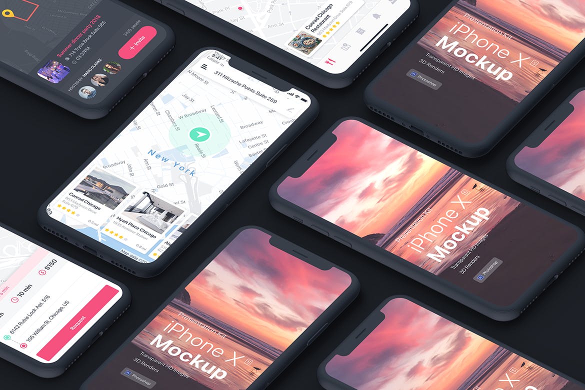 APP界面设计截图预览iPhone X手机样机模板v1 Presentation Kit – iPhone showcase Mockup插图(2)