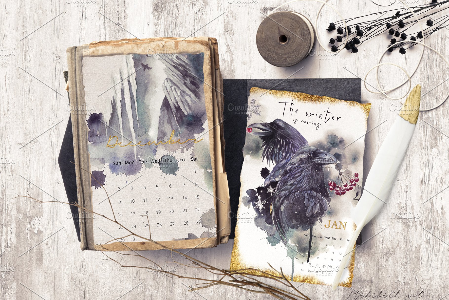 乌鸦、鸟、冬季风景、场景、水彩造型&字体 [2.81GB, 格式PNG, PSD,JPG &HTML] Ravens & birds vol.1插图(13)